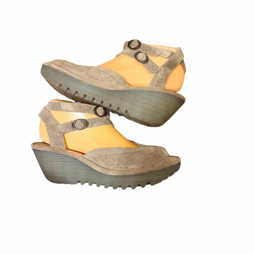 Fly London Beige and Gray Wedge Sandals